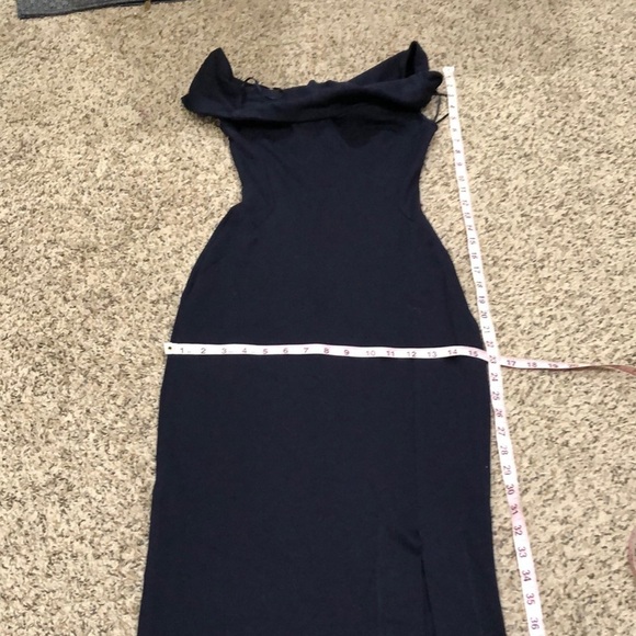 NICHOLAS Knot Twist Front Gown Size 0 Navy Blue Off Shoulder - Picture 8 of 13
